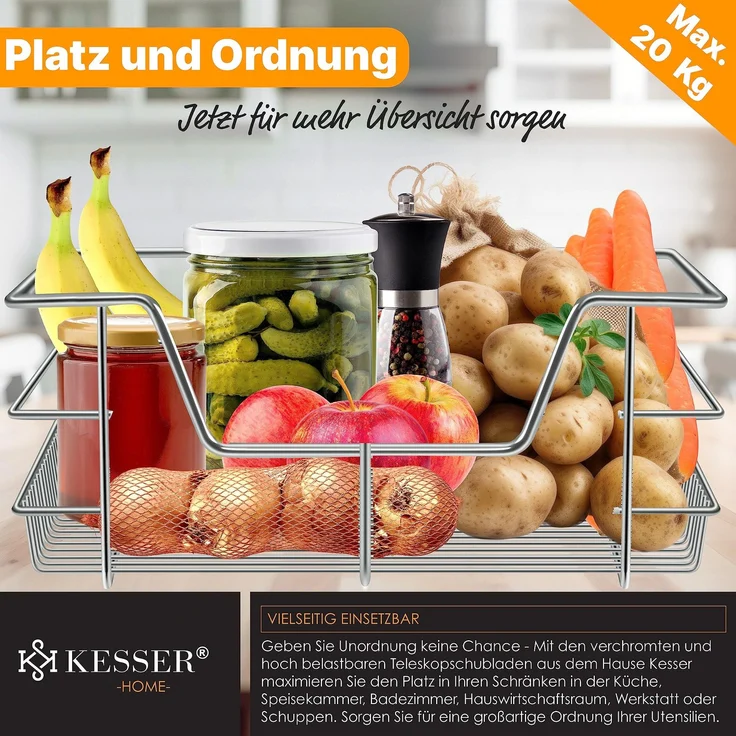 KESSER® Teleskopschublade 30-60cm Schrankbreite verchromt aus Edelstahl Schubladeneinsatz für Küchenschrank Korbauszug Schrankauszug 2x 50cm - Silber – Bild 4