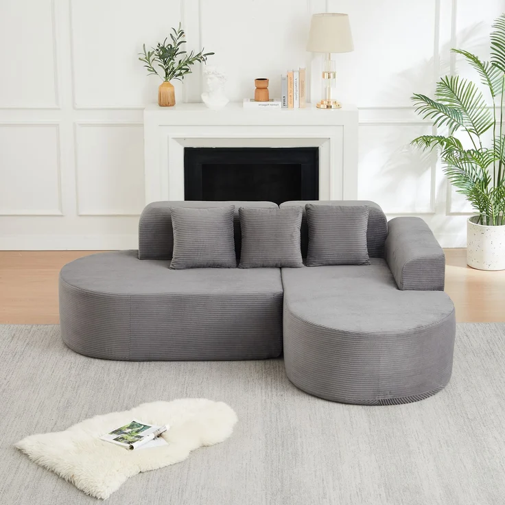 Ecksofa mit großzügiger Sitzfläche, grauer Cordbezug und geschwungenem Chaiselongue-Design,70x220x155 cm – Bild 4