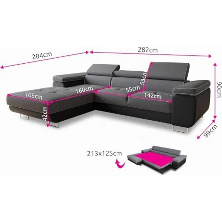 Ecksofa Divo mit Schlaffunktion, Bettkasten und einstellbare Kopfstützen (Grau (Kronos 22), Ecksofa Rechts) – Bild 3