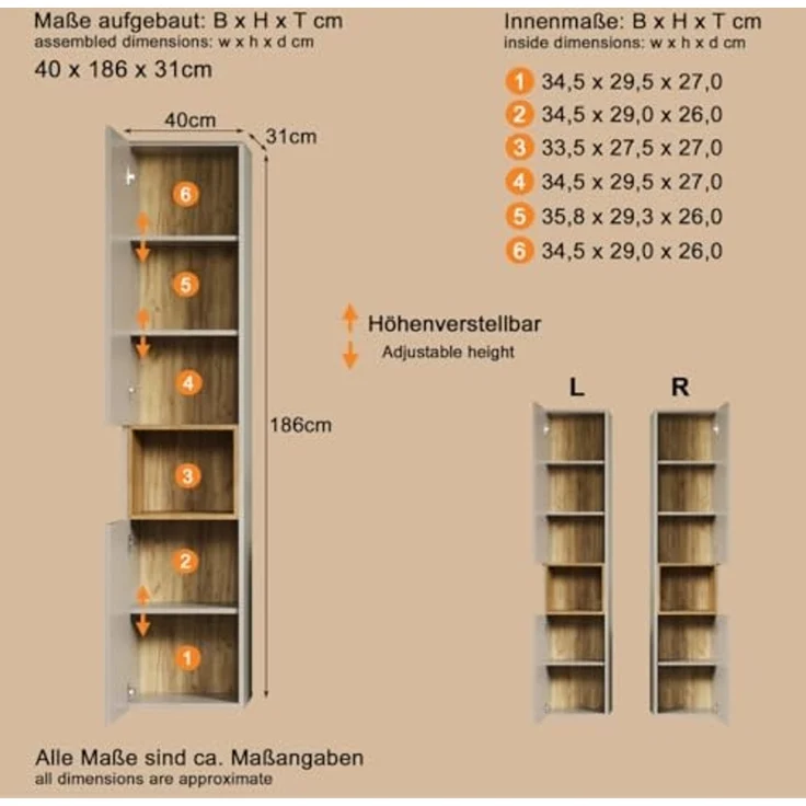 Badezimmer Hochschrank Sao Paulo in Sand und Eiche 40 x 186 cm – Bild 5