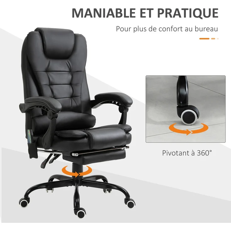 Massage-Bürosessel, Bürostuhl, ergonomischer Stuhl mit Höhenverstellung, neigbarer Rückenlehne und kabelgebundener Fernbedienung, ausziehbarer und um 360° drehbarer Fußstütze, schwarz – Bild 9