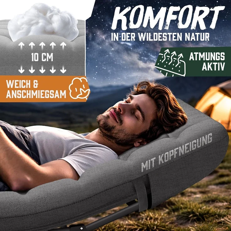 ELONEO Feldbett klappbar mit Premium Auflage, Campingliege bis 200kg belastbar, Grau – Bild 7