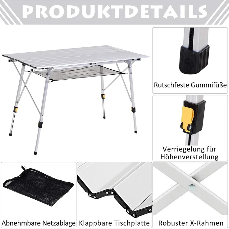 Outsunny Picknick Klapptisch, Falttisch, Höhenverstellbarer Campingtisch, Inkl. Tragetasche, Aluminium, Silber, 120 x 70 x 58-73 cm – Bild 7