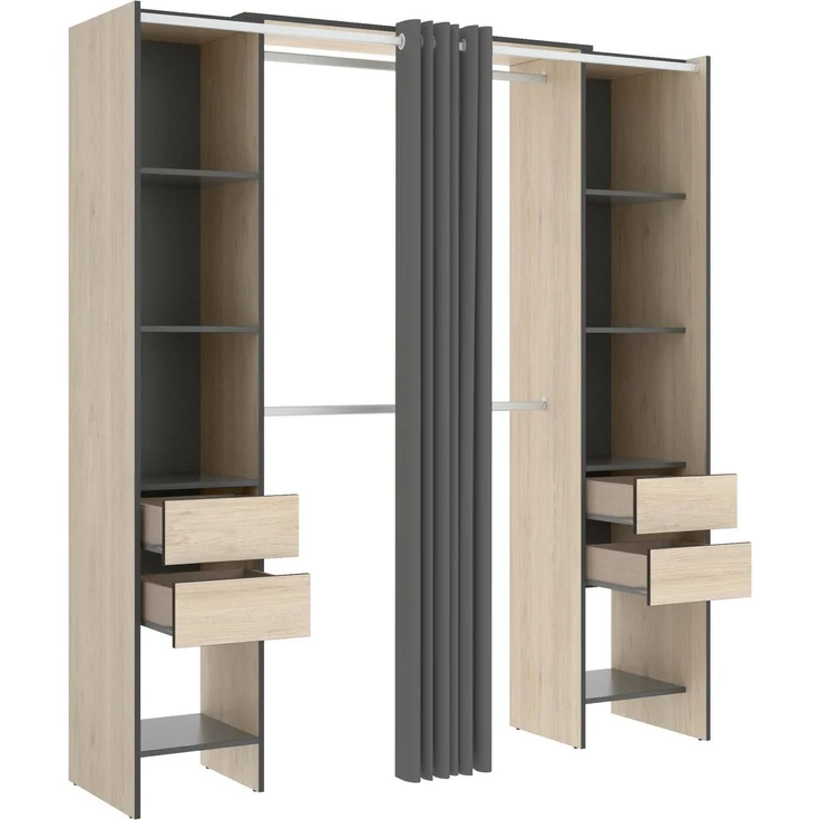 Dmora Großer Kleiderschrank Era, Struktur für begehbaren Kleiderschrank, offener Kleiderbügel, 180 x 50 x 205 cm, Eiche und Anthrazit – Bild 3