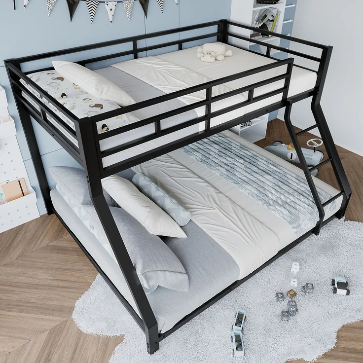 Merax Etagenbett Metallbett 90x200cm+140x200cm mit Schrägleiter und Geländer, Schwarz – Bild 5