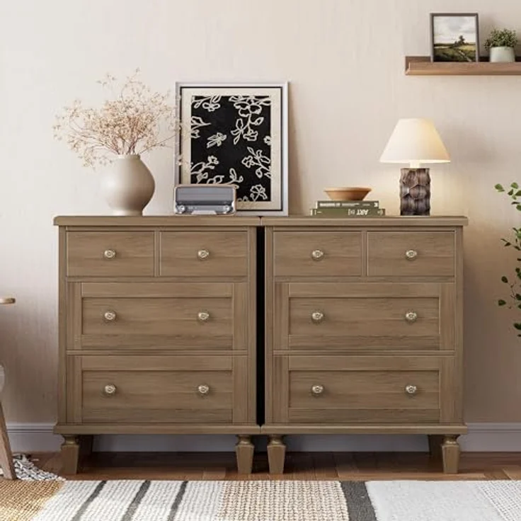 IDEALHOUSE Vintage Kommode mit 4 Schubladen, Holz-Schubladenschrank mit 2 kleinen & 2 großen Schubladen, Geschnitzte Griffe & konische Beine, Hellbraun – Bild 4