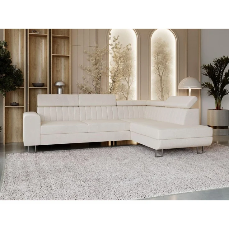 GrainGold Ecksofa mit Schlaffunktion und Bettkasten BERONA L - 255x190 cm, Beige, verstellbare Kopfstützen, Samt – Bild 3