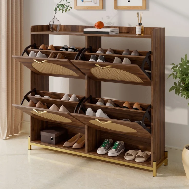 Schuhschrank 108,5x24x100 cm in Nussbaum, 4 Klappen und offene Fächer – Bild 1