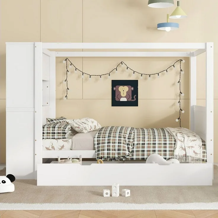 Flieks Kinderbett, Holzbett Himmelbett Einzelbett 90x200cm mit Schubladen Seitenschrank