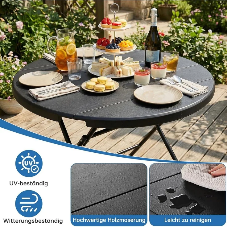 TLGREEN Gartentisch Rund Klappbar - 80cm Holz-Optik Wetterfest Balkontisch (Tragfähigkeit bis 50kg, Pflegeleicht Campingtisch), für Garten, Picknick, Party, Innen- & Außengebrauch – Bild 3