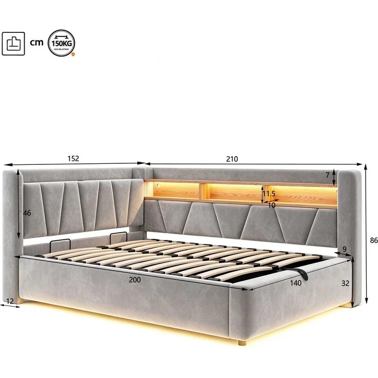 Schlafsofa Samt mit Stauraum, USB-Anschluss & LED, 140x200 cm, Grau, ohne Matratze – Bild 5