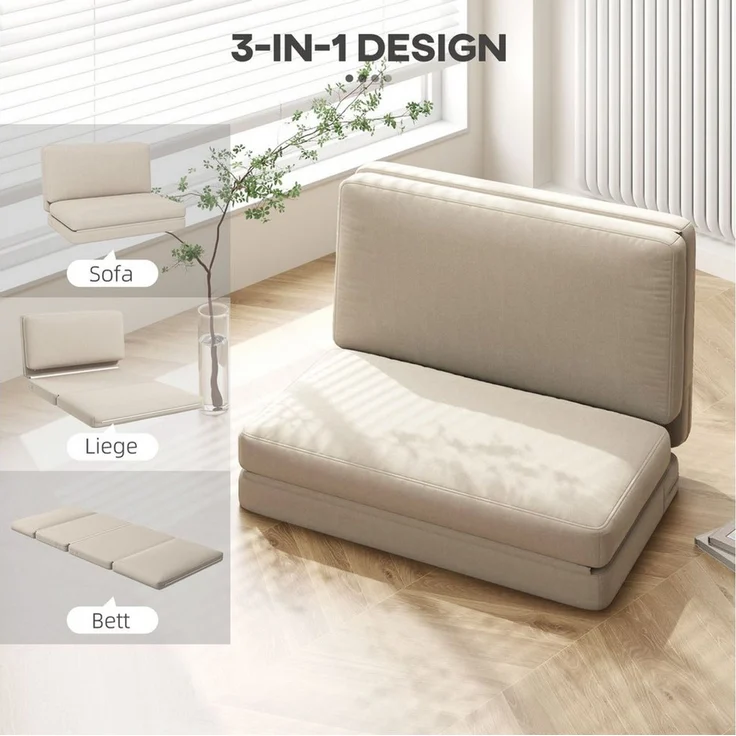 HOMCOM Sitzkissen 3-in-1 Klappbar Schlafsofa mit Samtoptik, für Schlafzimmer, Wohnzimmer, Beige – Bild 3