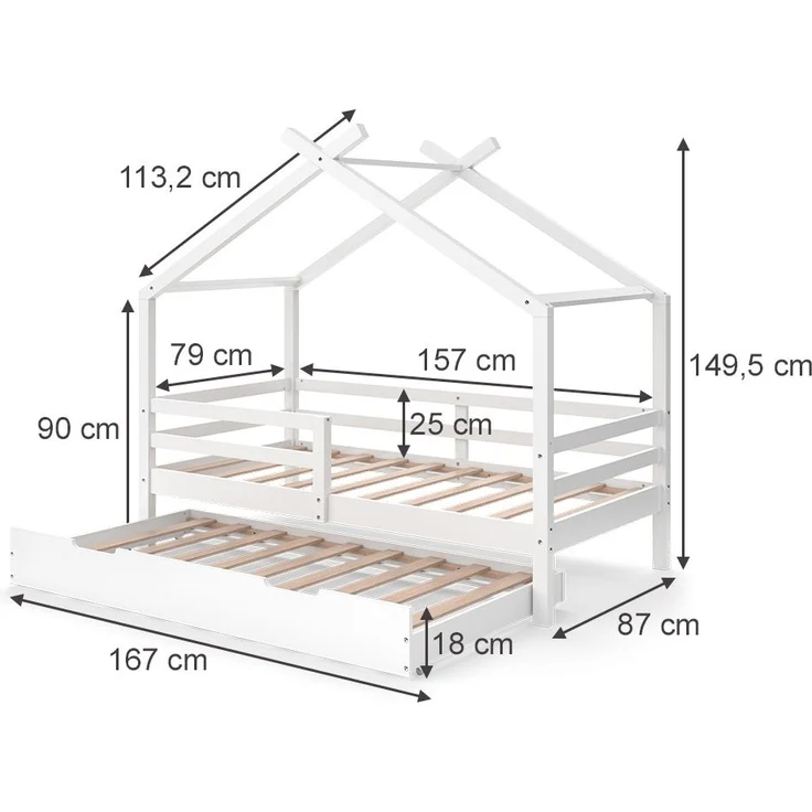 Hausbett Luni Weiß 160 x 80 cm mit ausziehbarem Gästebett und Matratzen Vitalispa – Bild 2