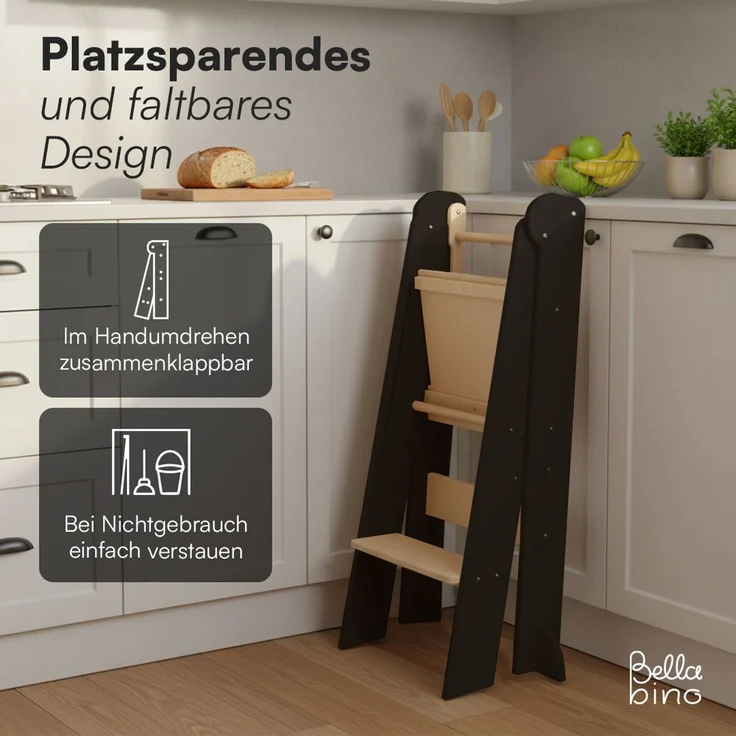 Bellabino 'Tay' Lernturm für Kinder ab 1 Jahr, Tritt 2-fach höhenverstellbar, natur/grau, Birke Sperrholz, klappbar, Tritthocker bis 50 kg belastbar – Bild 8