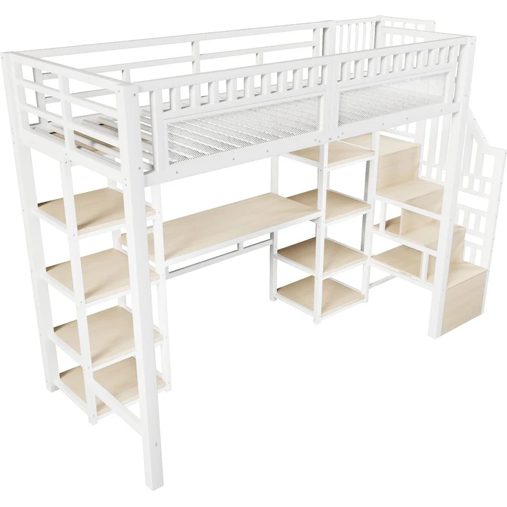 Hochbett 90 x 200 cm mit Eisenrahmen, Ablagefach, Leiter mit Stauraum, Schreibtisch, LED-Lichtleiste, USB-Anschluss, ohne Matratze, Weiß – Bild 9