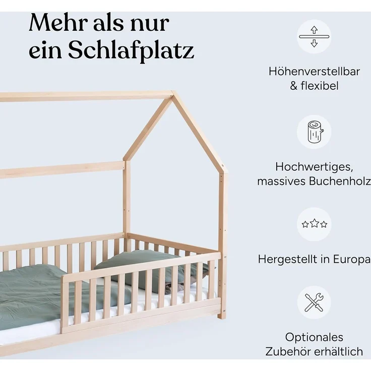 Ehrenkind Hausbett aus massiver Buche in verschiedenen Größen, FSC® zertifiziert (Montessori Kinderbett, Jugendbett aus massivem und nachhaltigem Buchenholz, 90x200), höhenverstellbar – Bild 1