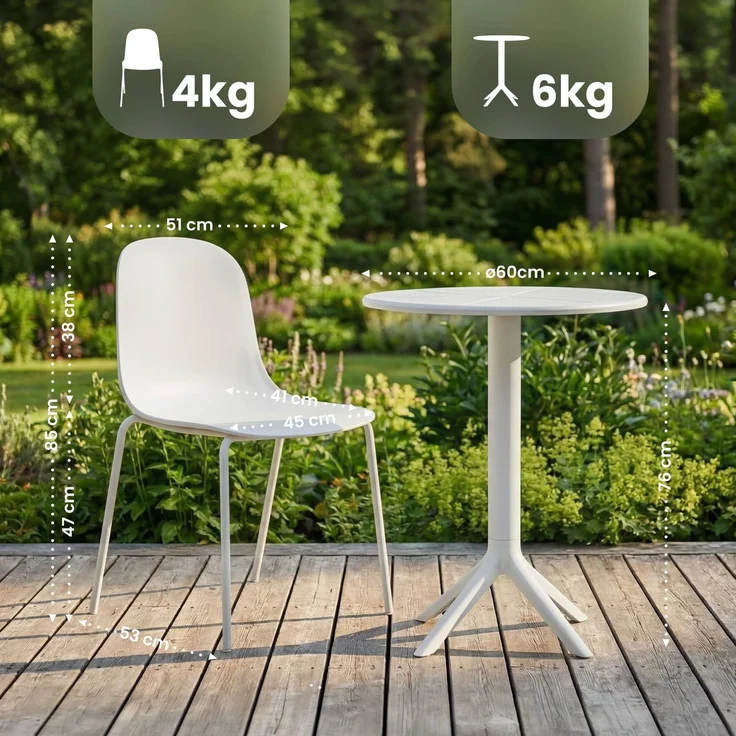 Gartenmöbel-Set ELLA mit 2 Stühlen - 162 x 60 x 85 cm, Kunststoff, Weiß | Balkonset Gartenset Tisch mit Stühlen Bistroset Outdoor – Bild 2