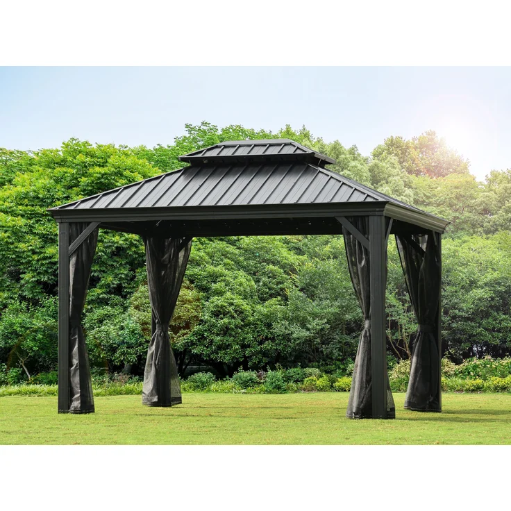 LECO Hardtop-Pavillon HELENA, Aluminiumgestell anthrazit, Stahlblechdach anthrazit, Polyamid-Mückennetze, 3,65x3 m – Bild 2