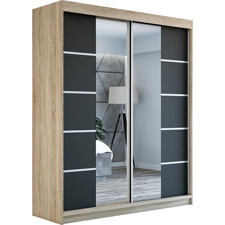 Schwebetürenschrank ERA 2-türig Schrank 180 cm (mit Spiegel) Farbe: Sonoma , schwarz