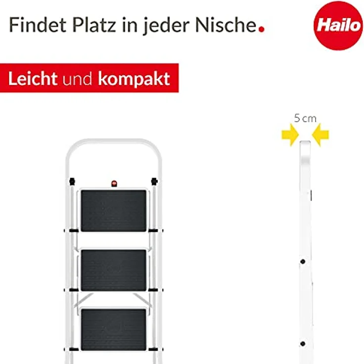 Hailo HobbyStep Stahl-Klapptritt-Leiter - 3 breite Stahl-Stufen mit Anti-Rutsch-Matten belastbar bis 150 kg - Trittleiter mit Klappsicherung - geriffelter ganzflächig aufstehender Steckfuß - weiß – Bild 5