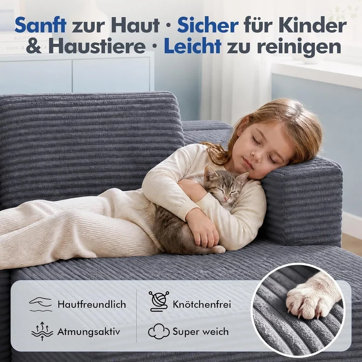 COMHOMA Ecksofa mit Schlaffunktion, 255cm Corduroy Modulares Boneless Couch mit Chaiselongue & Rücken-Metallgestell, L-Form Schlafsofa mit offenem Design, Kissen & Seitentaschen,für Wohnzimmer, Gris-L – Bild 7