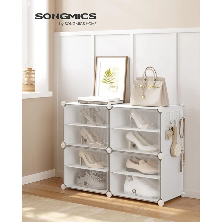 Songmics Schuhregal mit 4 Fächern, Schuhschrank, 30 x 40 x 30 cm pro Fach, schmal, mit Türen, Stahlrahmen, Kunststoff, für Flur, Schlafzimmer, Eingangsbereich, weiß LPC032W01 – Bild 2