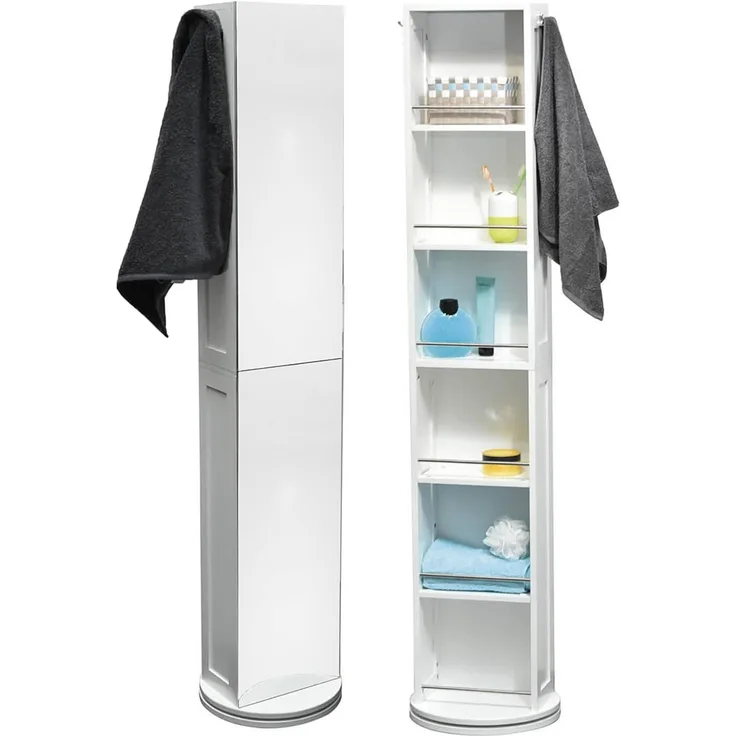 Drehbares Schrankregal fürs Badezimmer - 6 Fächer + Spiegel + 2 Handtuchhaken - Farbe WEIẞ