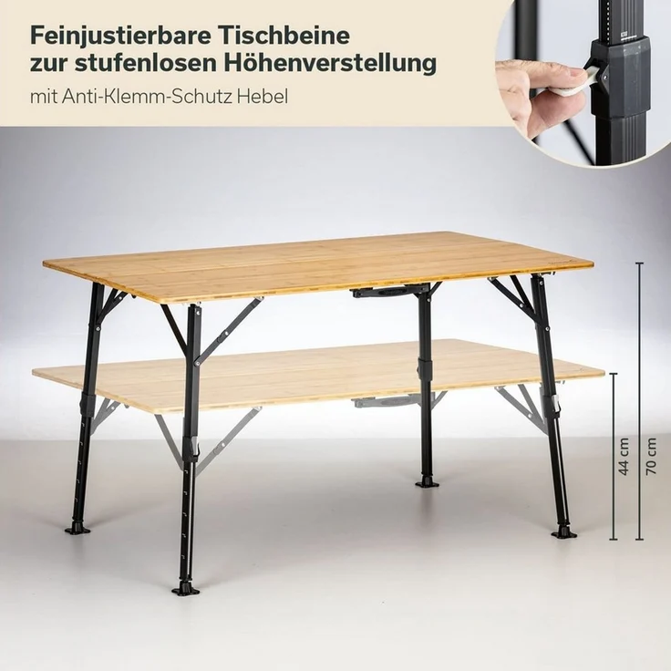 Skandika Campingtisch Tobro Bambus Klapptisch 120 x 70 cm, Gartentisch, Balkontisch, faltbar, klappbar, höhenverstellbar, bis 100 kg, wetterfest, Tragetasche – Bild 3