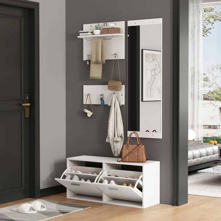 DESVIAE Garderobenschrank-Set 4-tlg. mit Spiegel und 6 Haken 90x41,5x30 cm Spanplatte Weiß – Bild 1
