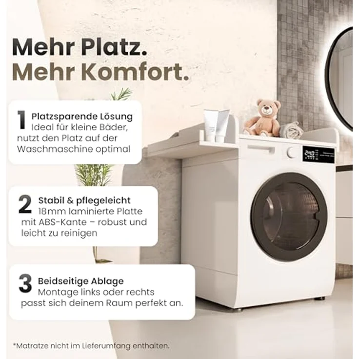 regalik Wickelaufsatz für Waschmaschine – Wickelauflage 60x70 cm – Laminierte Holzplatte – Weiß – 82 x 72 x 10 cm – Sicherer & Platzsparender Wickeltischaufsatz – Bild 3