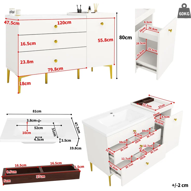 Waschtischunterschrank 120 x 47,5 x 80 cm mit Keramikwaschbecken – Badezimmerschrank in Weiß mit goldfarbenen Griffen – Bild 2