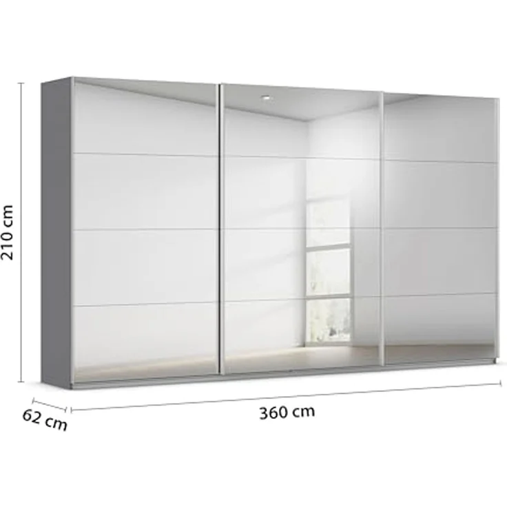 Rauch Möbel Kulmbach, Kleiderschrank mit Schwebetüren für Schlafzimmer, Kinderzimmer, Jugendzimmer, Garderobe, Flur, 3-türig, mit Spiegel, Zubehör Classic, Farbe Grau metallic, Schwarz, Breite 360 cm – Bild 3