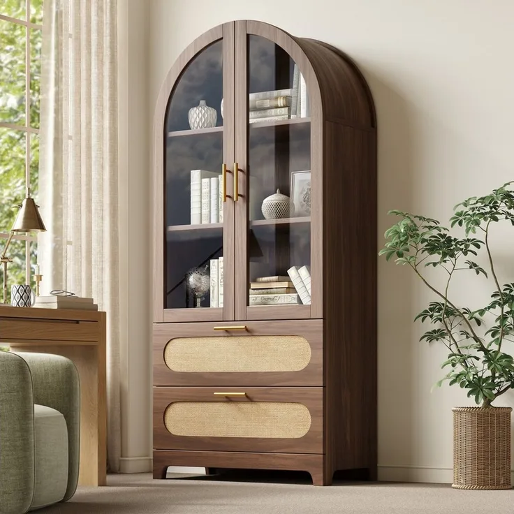 Flieks Vitrine Glasvitrine Montmartre-Bogen in Retro-Design Multifunktionsschrank (Mehrzweckschrank mit verstellbaren Einlegeböden, 1-St, H175xB80xT40cm) Hochschrank mit Glastür, Rattan Schubladen Bücherregal Walnussfarbe