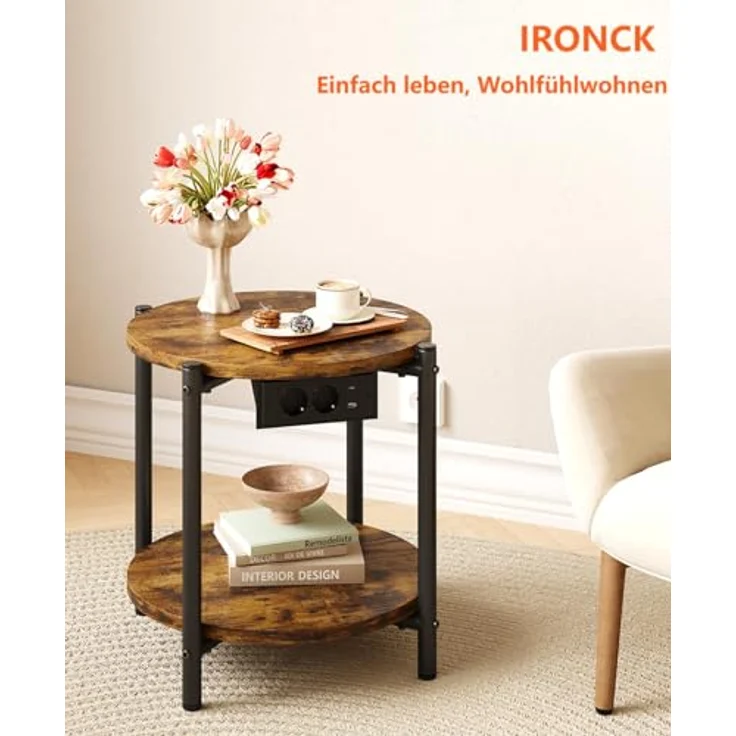 IRONCK Beistelltisch rund, Couchtisch mit Steckdose, Kleiner Tisch Holz, Wohnzimmertisch 2 Ablagen,Sofatisch,USB & Type-C-Anschluss, Metallrahmen, Nachttisch für Schlafzimmer (Vintagebraun, 2 Stücke) – Bild 10