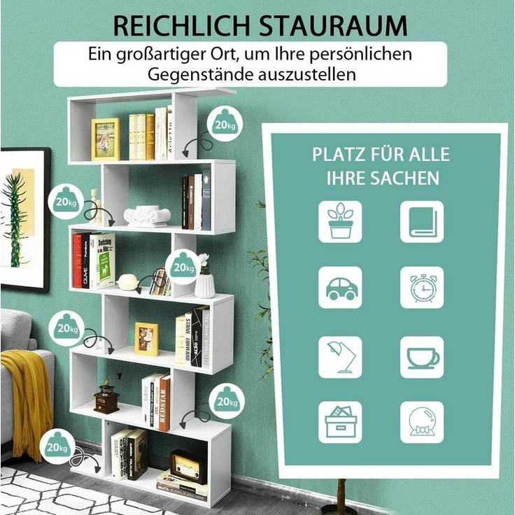 COSTWAY Bücherregal Holz, Standregal mit 6 Ebenen, Aktenregal für Pflanzen & Bücher, Wandregal inkl. Befestigungsmaterial, Aufbewahrungsregal S-Form, Büroregal Farbwahl (weiß) – Bild 3
