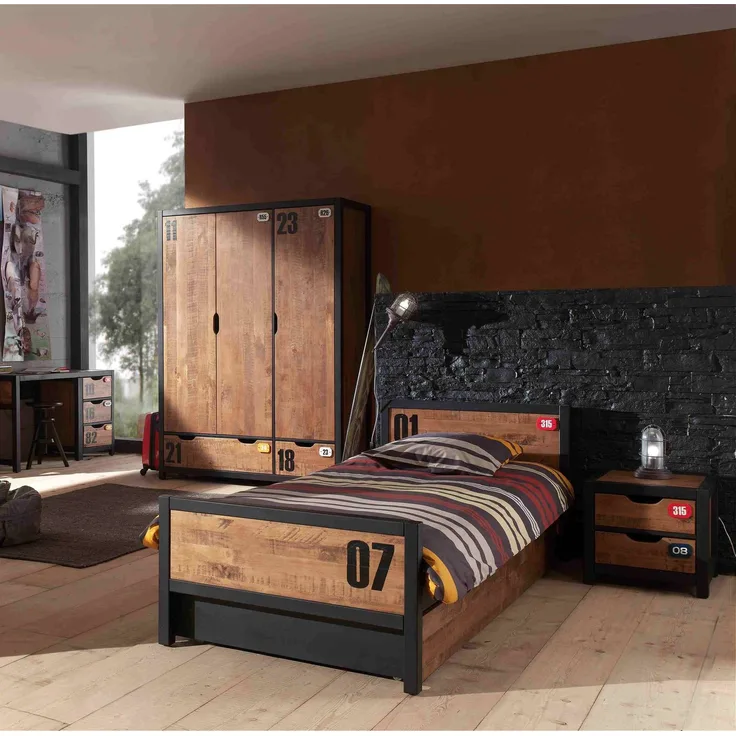 Alex Set best. aus Einzelbett 90 x 200 cm mit Lattenrost, Bettschublade, Nachtkonsole und Kleiderschrank 3-trg, Ausf. Kiefer gebürstet Rahmen schwarz