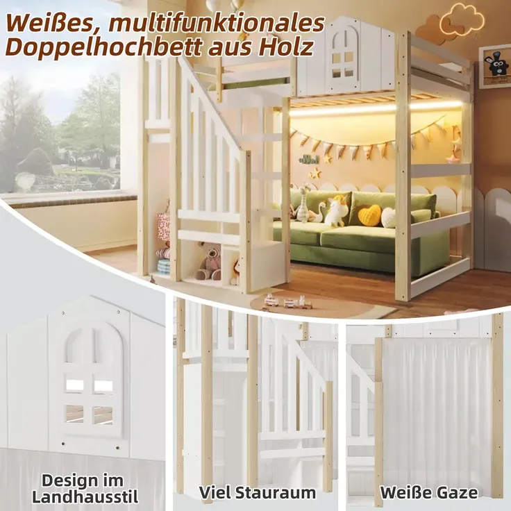 Hochbett mit LED-Beleuchtung, Lattenrost, Rausfallschutz, Treppe und Gardine, 140x200 cm, Kinderbett, Kiefer – Bild 5