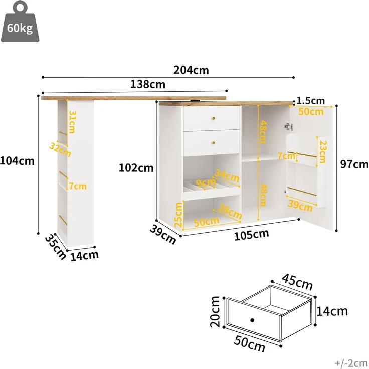 Drehbarer Bartisch (Hauptkörper 105 x 39 x 102 cm), mit 2 Schubladen und Schiebetürschrank, 3 Ebenen offener Stauraum, geeignet für Esszimmer/Arbeitszimmer/Wohnzimmer usw – Bild 7