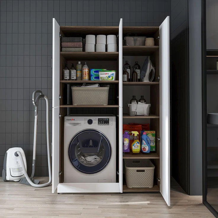 Roomart Waschmaschinenschrank - DORA-II- 115 cm breit - Wasch- & Trocknerschrank mit Türen, Waschmaschinen-Überbau für Waschküche & Hauswirtschaftsraum • Weiß-Eiche – Bild 5