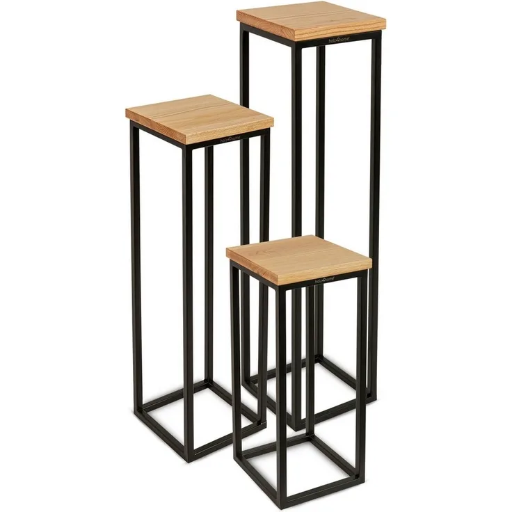 3er Set Blumenständer - Eiche natur / Schwarz - 50cm | 70cm | 90cm