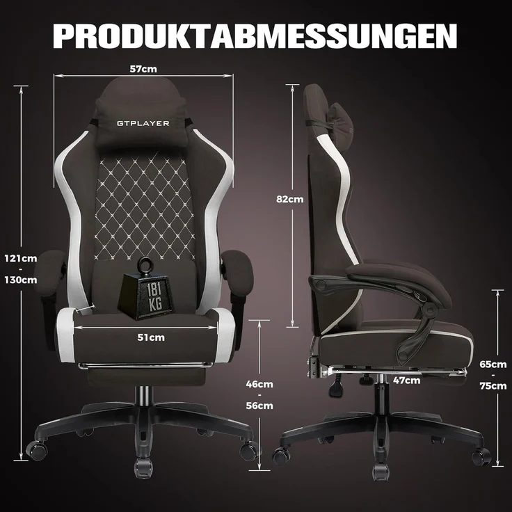 GTPLAYER Gaming Stuhl Ergonomischer, PC Stuhl Atmungsaktiver Stoff, Groß und Hoch Drehbarer Schreibtischstuhl mit Fußstütze,Verstellbare Lendenwirbelstütze und Kopfstütze,Braun – Bild 3