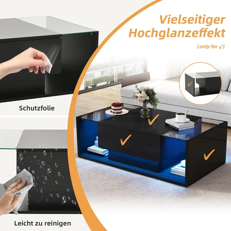 Quadratischer Couchtisch 100 x 50 x 31 cm, Hochglanz schwarz, gehärtetes Glas, 1 Schublade, halboffener Stauraum,mit LED-Lichtleiste – Bild 9