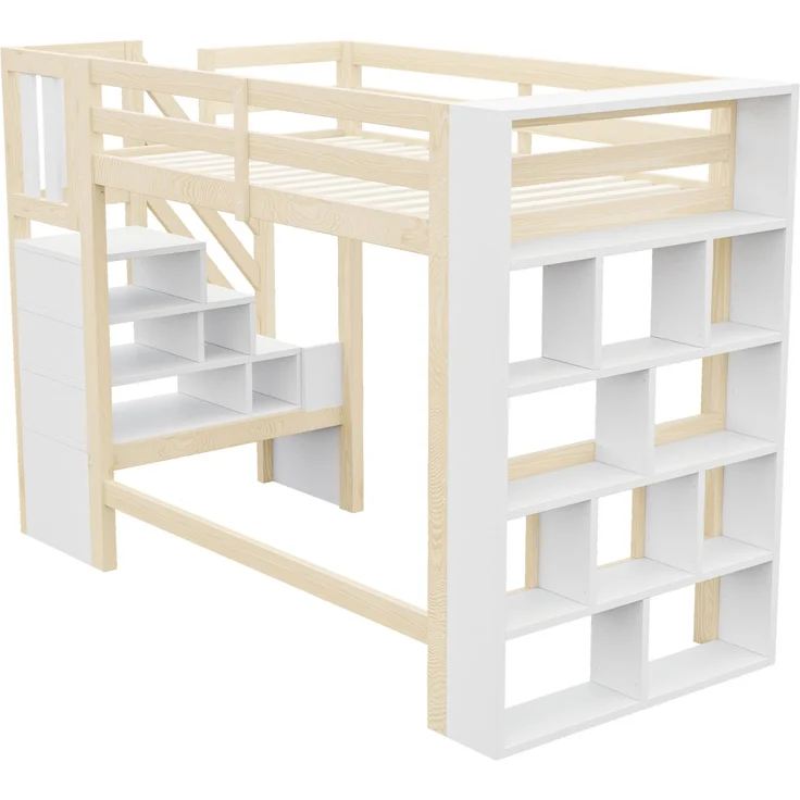 Bett als Hochbett 90x200 cm aus Kiefernholz und MDF mit Stauraum und LED, ohne Matratze – Bild 9