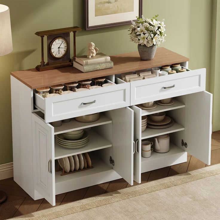 Merax Sideboard mit Regalen, Sideboard mit Rebounder, natürliche Holzmaserung, Holz und Weiß – Bild 2