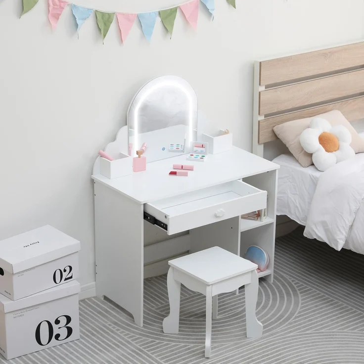 GarveeLife Schminktisch für Kinder, Mädchen, mit Hocker & LED-Lichtern, Schreibtisch für Kinder ab 3 Jahren mit Spiegel, Schminktisch Prinzessin mit 1 Schublade, Weiß mit Zubehör