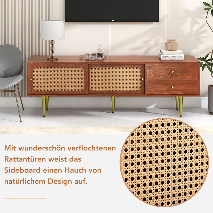 TV-Schrank, 160x40x60 cm, Walnuss-TV-Schrank mit Rattan-Schiebetüren, 2 Schubladen & Metallfüßen – Bild 5