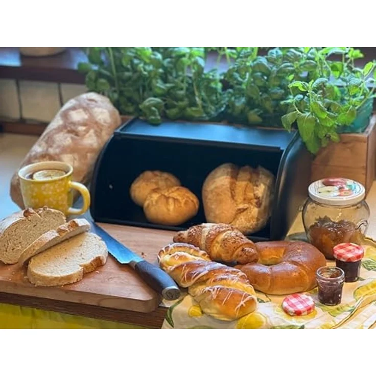 LS-LebenStil Brotkasten Vintage Brotbox 34cm Metall Retro Brot Aufbewahrung Brotbehälter, Metall, (Roll-Deckel Küche Aufbewahrungskorb Lüftungslöcher, 1-tlg, Aufbewahrungsbox Nostalgie Brotkorb zum Frischhalten) – Bild 5