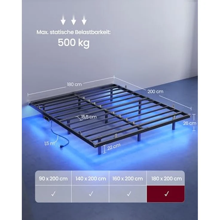 VASAGLE Bettgestell 180x200 cm, schwebender Effekt, LED-Beleuchtung, abnehmbare Steckdosenleiste, 2 AC-Steckdosen, 1 USB-C-Anschluss, 2 USB-A-Anschlüsse, trägt bis 500 kg, tintenschwarz RMB178B101 – Bild 2