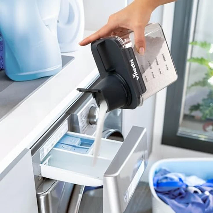 Vileda Waschmittelbox 1100ml grau - Praktische Aufbewahrungsbox für Waschpulver & Flüssigwaschmittel - Inklusive Messbecher für präzises Dosieren - Luftdichte & Platzsparende Waschpulverbox – Bild 6