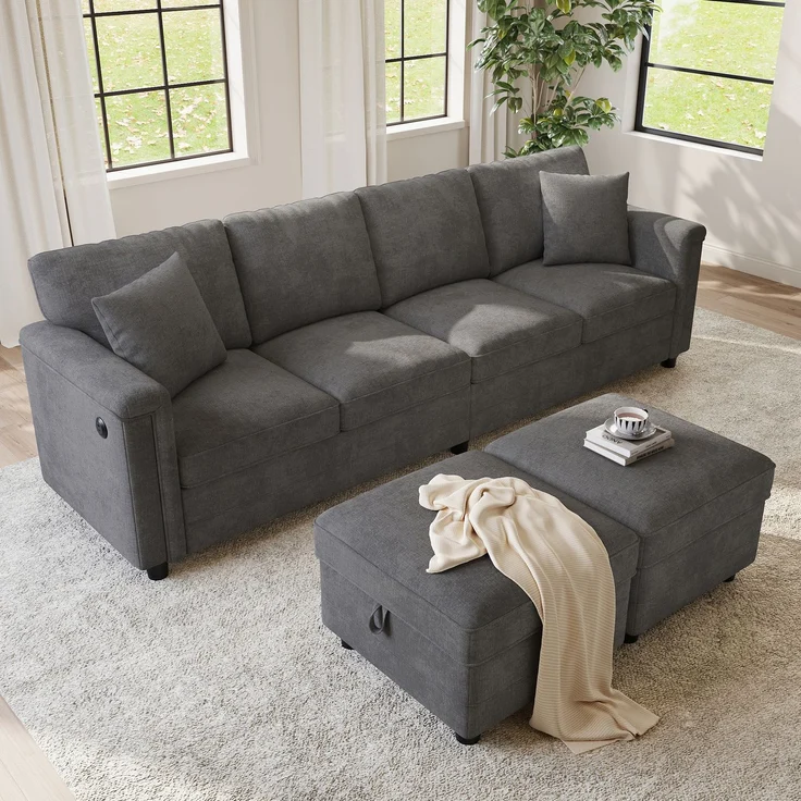 Flieks 4-Sitzer Modulsofa mit 2 Stauraumhockern, USB & USB-C, L- oder U-Form Polstersofa, 261 x 134 x 82 cm, Chenille, Grau – Bild 5